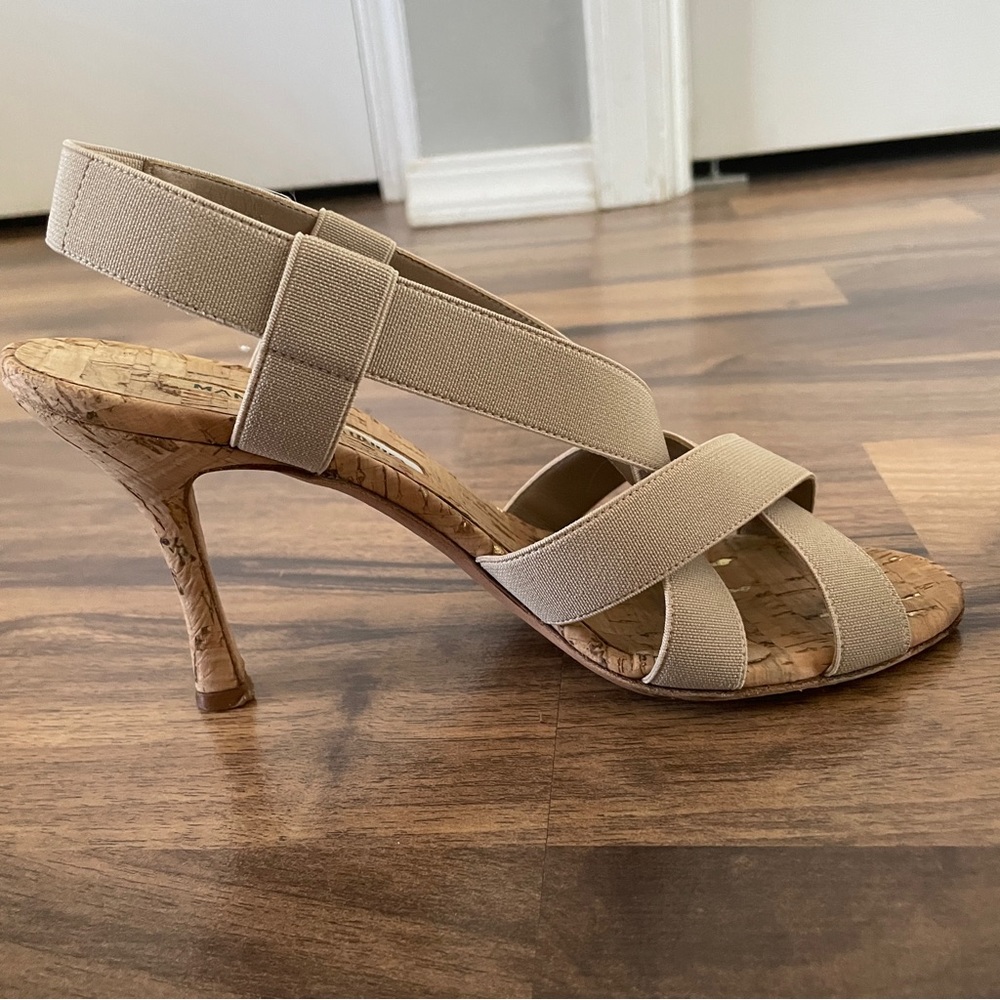 Manolo Blahnik Lasti Cork Heels Cream Neutral 6.5 - Picture 9 of 15